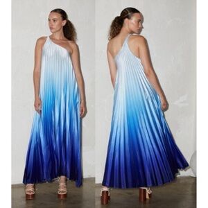 NWT Delfi Collective Erica One Shoulder Pleated Maxi Dress Blue Ombre Small